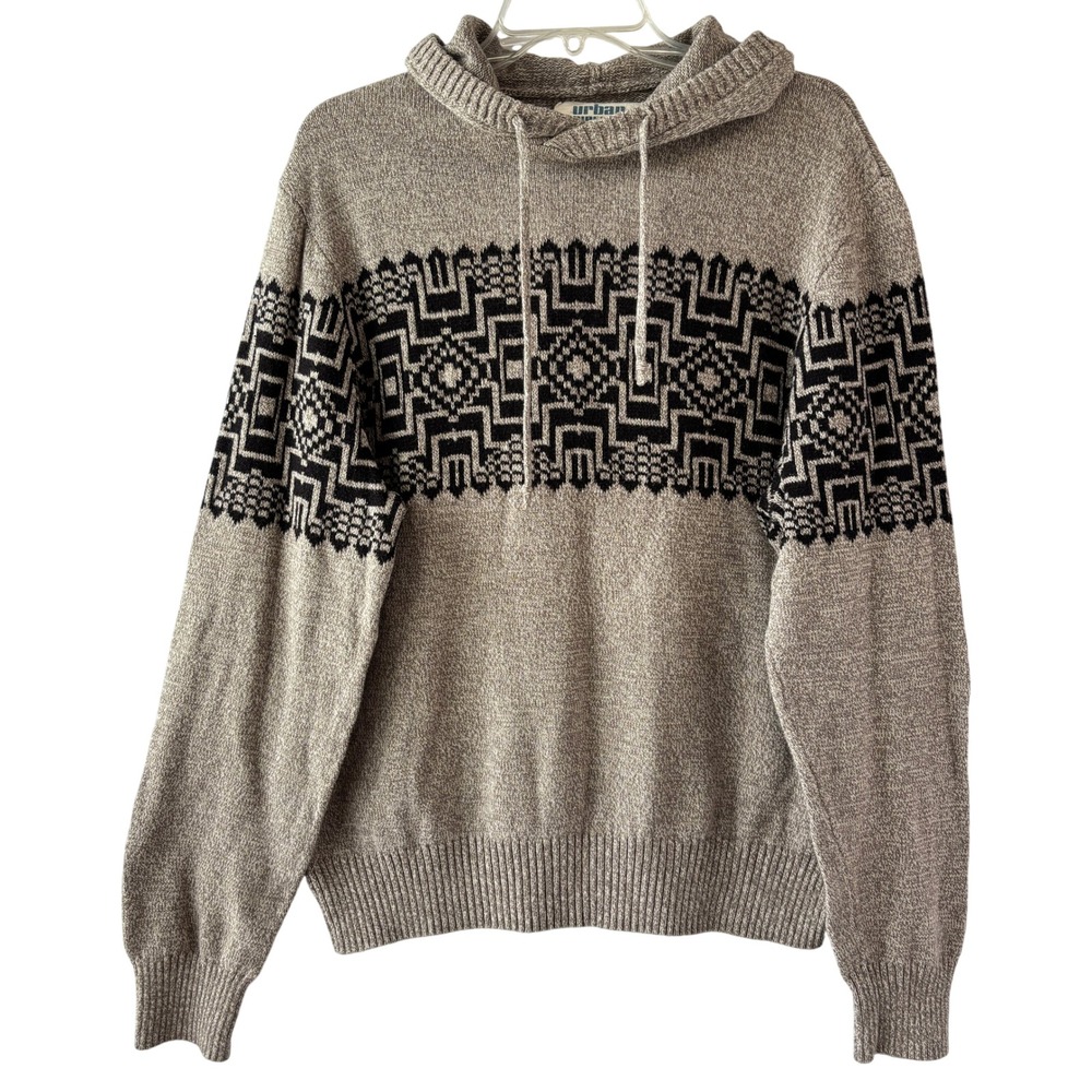Urban Pipeline Mens XL Geometric Pattern Knit Hoodie Sweater Taupe Black